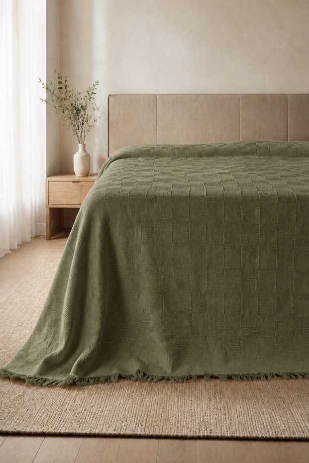 100% Cotton Woven Pique Double Size 200X230 Checkered Patterned Fringed Pique Bedspread