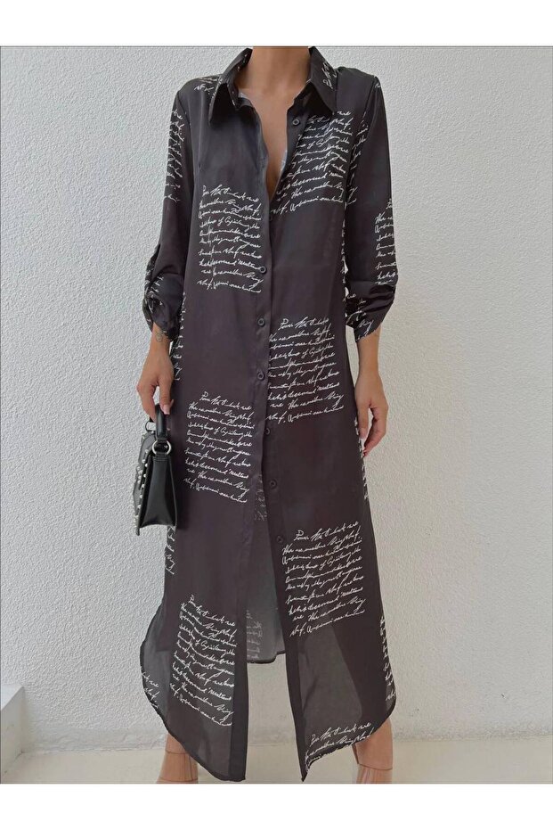 Women's Satin Text Patterned Shirt Dress