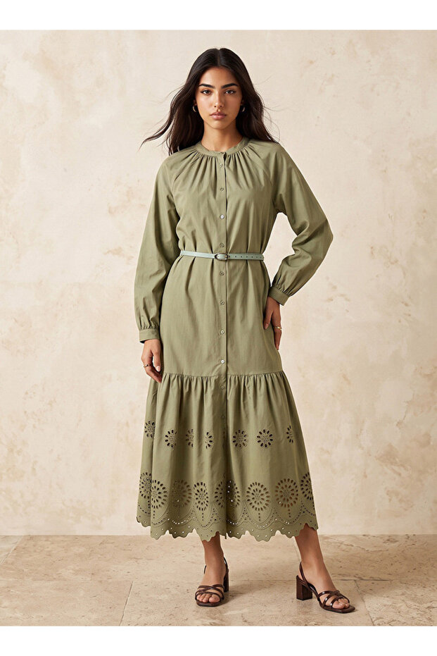 Youth Cutwork A-line Cotton Dress with Belt
