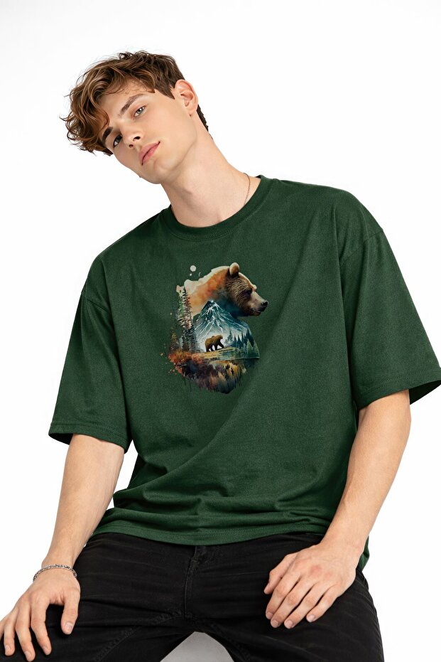 Bear2 - Premium Cotton Fabric Oversize Unisex T-Shirt Khaki