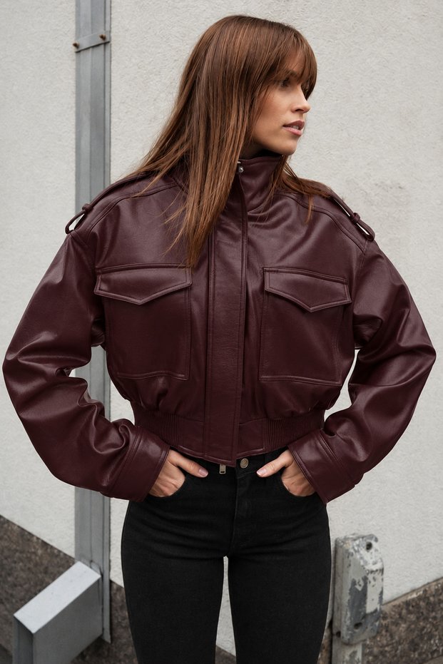 New Season Women's Oversize Stand Collar Epaulettes Burgundy Leather Jacket