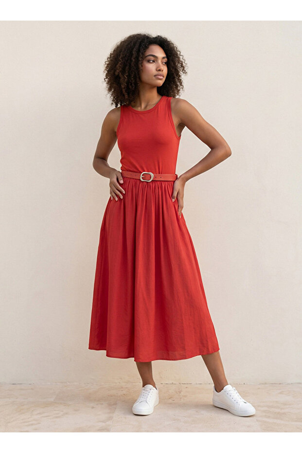 Youth A-line Midi Dress Pin Buckle Belt