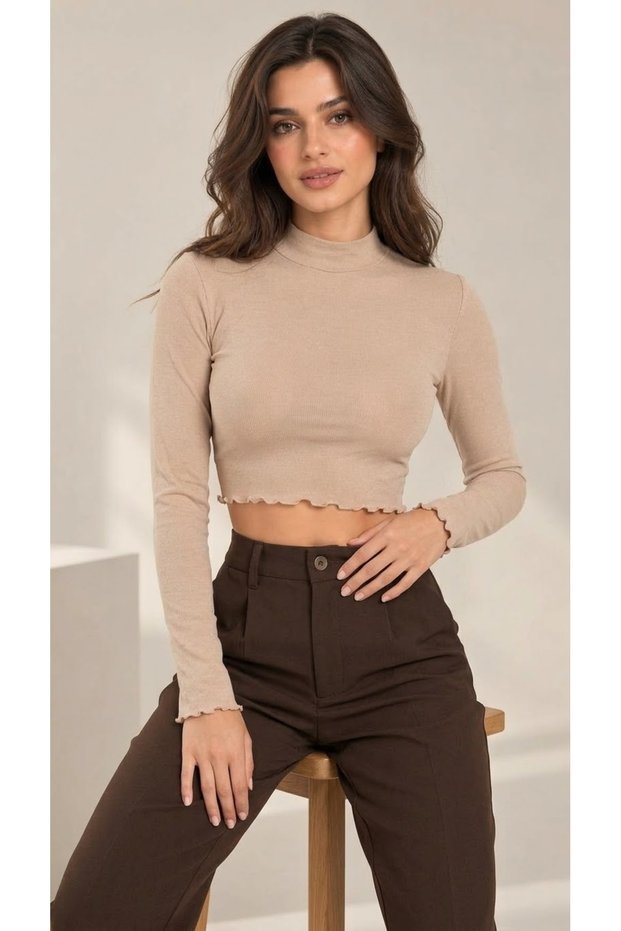 Women's Beige Color Stand Collar Long Sleeve Viscose Crop Blouse with Baby Overlock Detail