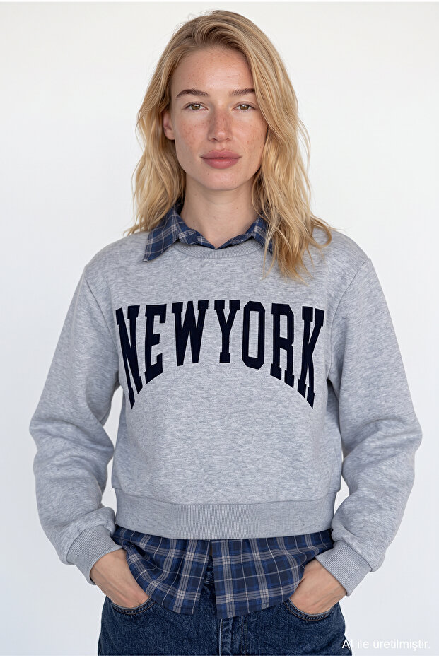 Plaid Garnished New York Lettered Oversize Sweatshirt Grimelanj