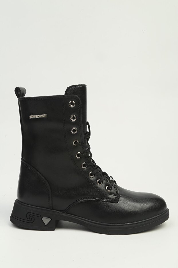 Women's Black Lace-Up and Zippered Thick-Soled Boots Pc-56109