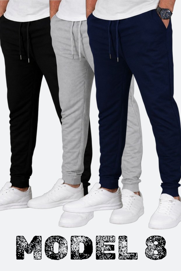 Set of 3 Unisex Ribbed Sweatpants Regular Black Gray Navy Blue Color Sports Sweatpants