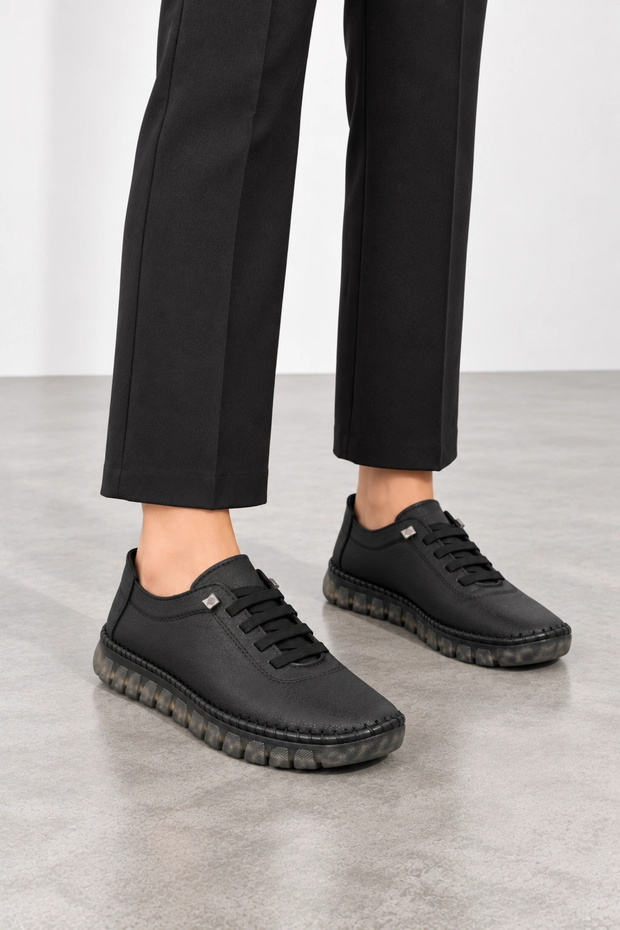Ash Women's Genuine Leather Stitched Casual Shoes - Black