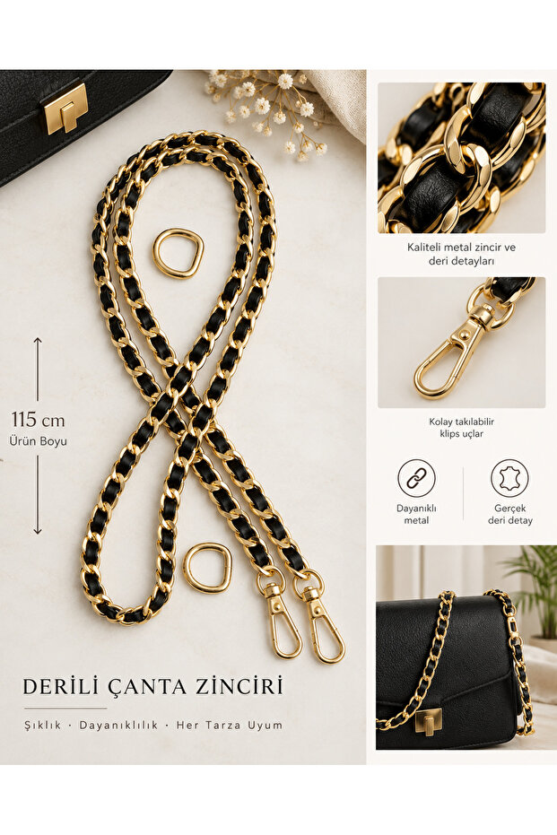 Black Faux Leather Transitional Metal Bag Chain Strap 115 cm Gold