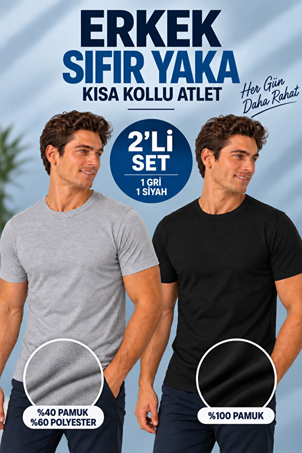 Men's Crew Neck Short Sleeve Undershirt (Tutku Authorized Seller) Set of 2 – 1 Black 1 Gray