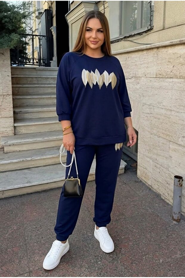 Women's Plus Size Long Sleeve Leaf Patterned Tracksuit Set 8301-27