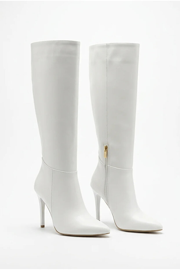 Women's Knee-Length Thin Heeled Pointed Toe Zippered Long Boots - Umay - White Skin