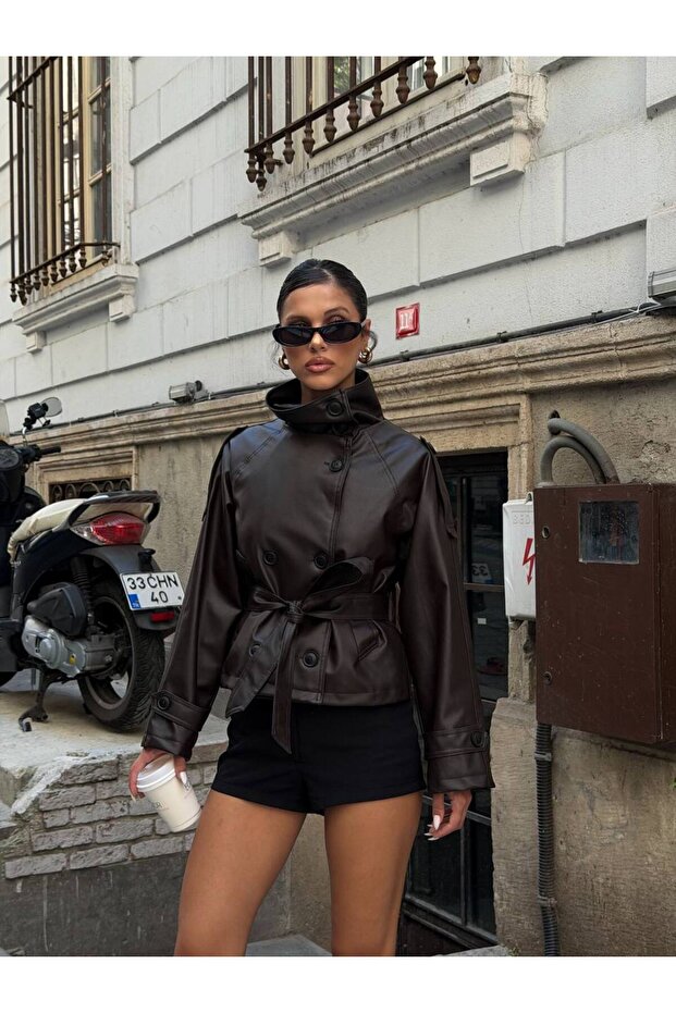 Women's Belted Leather Stand Collar Stylish Casual Oversize Jacket