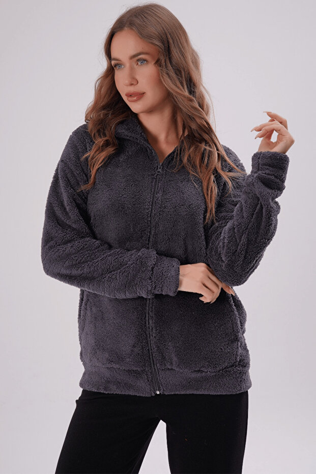 Smoked Stand Collar Pocketed Zippered Plush Jacket