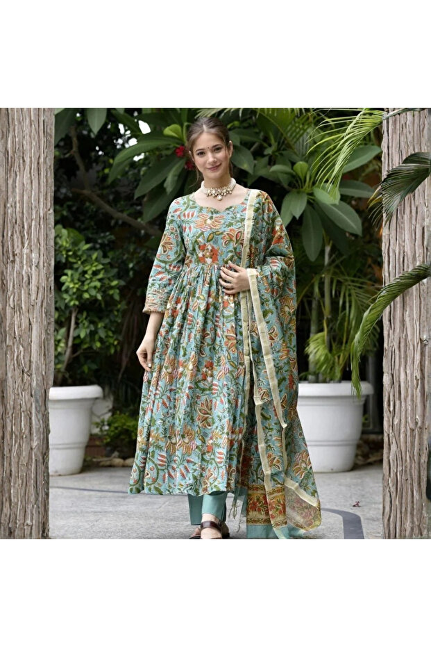 Green Viscose Kameez Salwar & Dupatta - VRN1011 | Green-Size:4XL-48-Inches