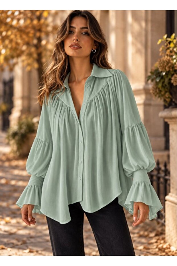 Women's balloon sleeve ruffle detail crinkle fabric shirt