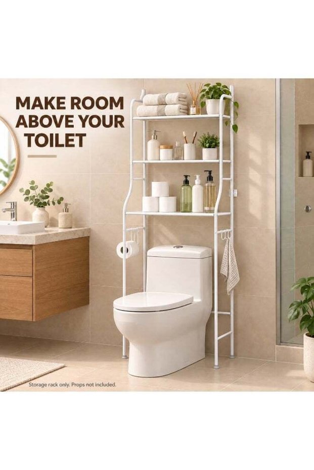 3-Tier Over-the-Toilet Storage Rack, White Metal Bathroom Organizer with Open Shelves for Towels & Toiletries, 50 × 25 × 160 cm