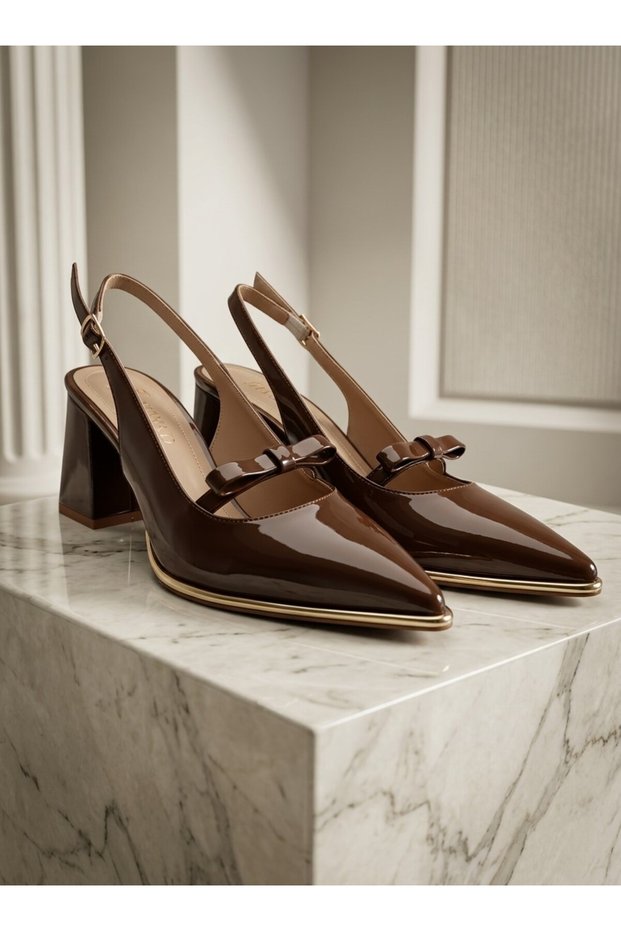 Women's Brown Patent Leather Pointed Toe Bow Detail Sole Nickel Detail Thick Heel 7.3cm Length Daily Comfortable Shoes