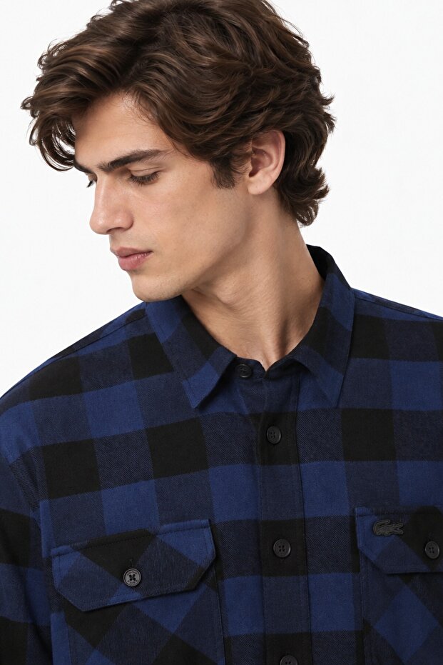 Men's Relaxed Fit Button-Down Linen Shirt Comfortable Cut Cotton Checkered Men's Shirt Navy Blue