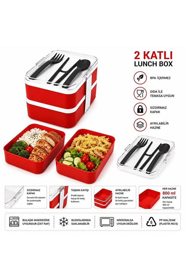 2-Tier Adjustable Rectangular Lunch Box - Food Storage Box with Fork Spoon Serving