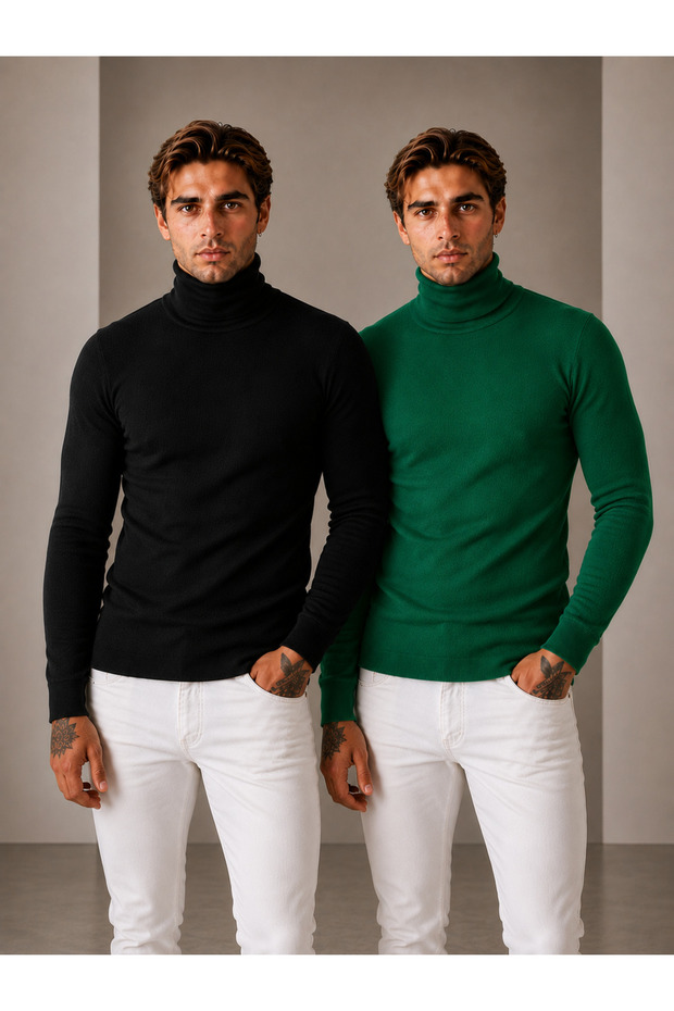 Men's Set of 2 Premium Cotton Turtleneck Camisole Ribbed Slimfit High-Neck Sweater