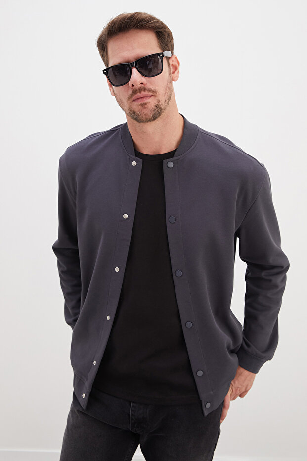 Snap Fastener Pique Fabric Regular Fit Jacket