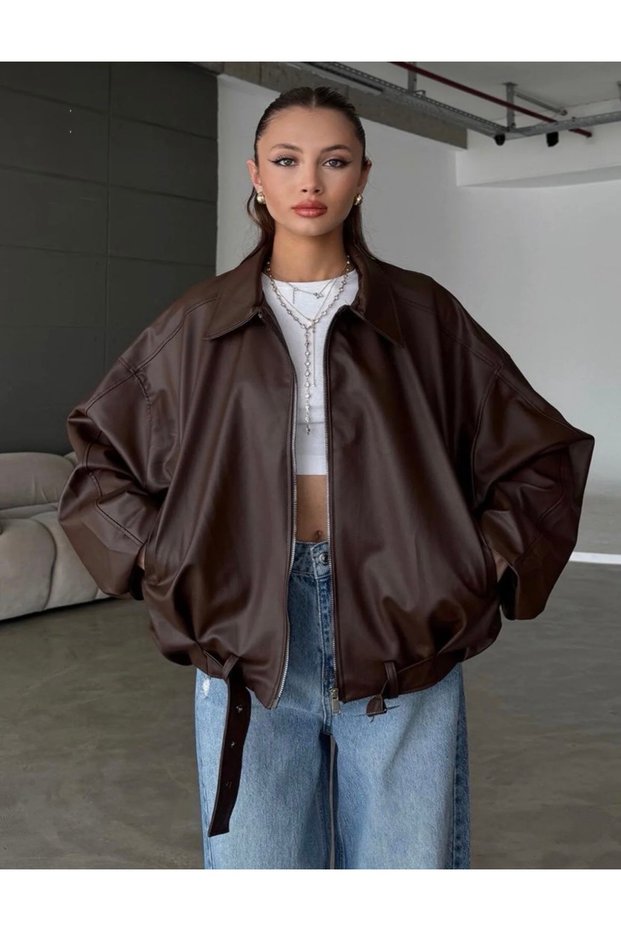 Women's Oversize Faux Leather Jacket - Oversize Relax Fit, Casual Women's Jacket with Zippered Belt Detail