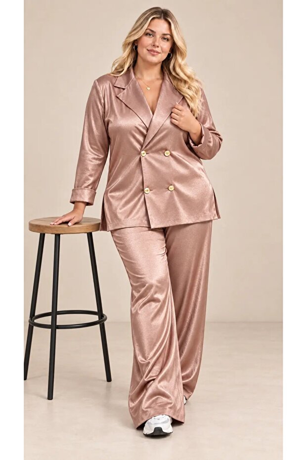 Women's Plus Size Rosegold Double Breasted Collar Gold Button Elasticized Pants Set Hzl26S-Zss111461