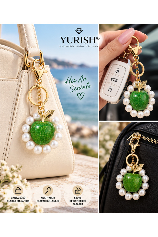 Women's Gold Chain Silvery Pearl Model Shimmering Green Apple Keychain Bag Ornament Fruit Accessory Charm