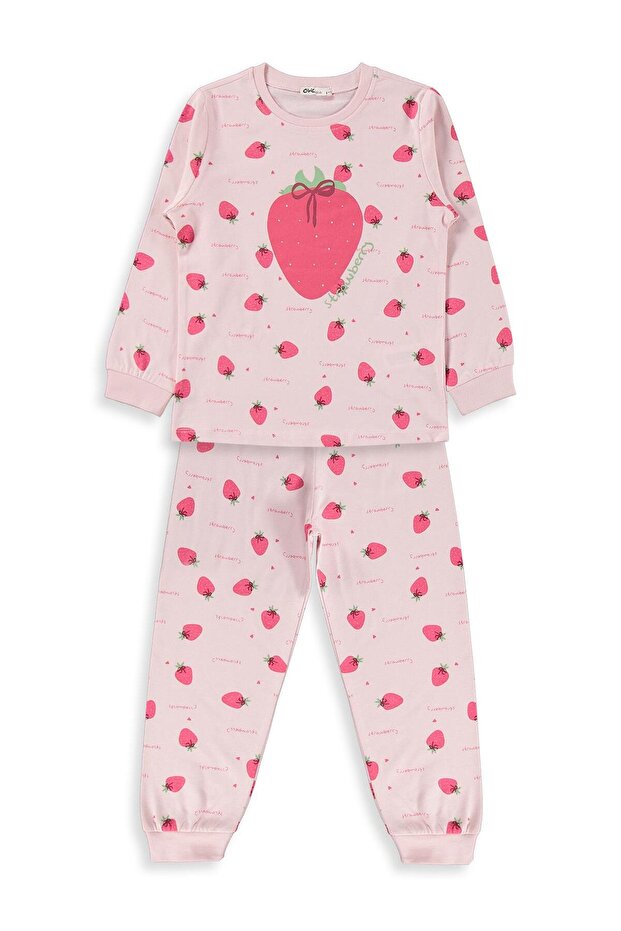 Strawberry Patterned Pajama Set for 10-13 Years Old - Powder