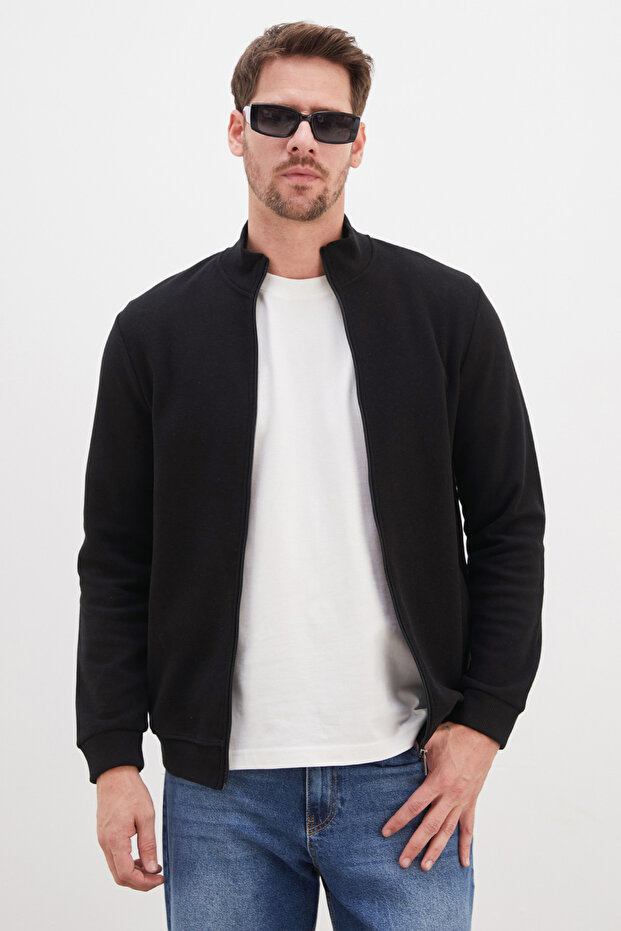 Ribbed Collar Zippered Regular Fit Jacket