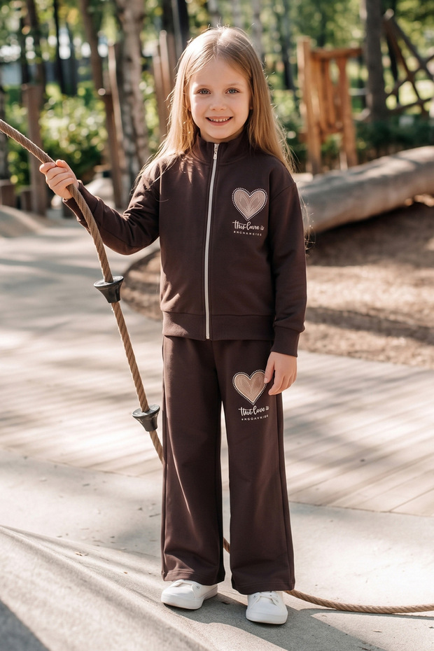 Heart Printed Stand Collar Zippered Girls' 2-Piece Set