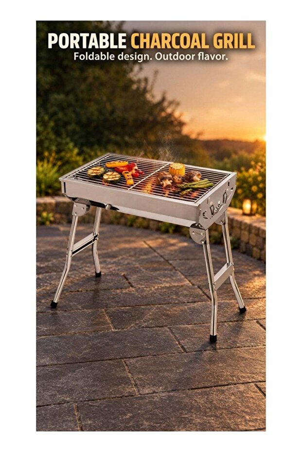 Portable Folding Charcoal BBQ Grill, Stainless Steel Barbecue with Foldable Legs, Carry Handle & Removable Grill Grate for Outdoor Camping, Picnics & Backyard Cookouts