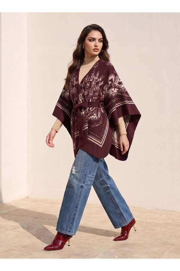 Smart Relaxed Fit Printed Poncho with Tie-Up Belt