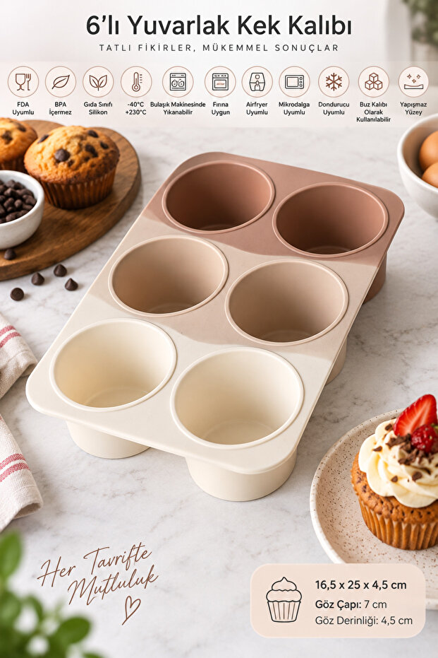 6-Piece Round Silicone Cake Mold 173 ml Muffin, Soufflé, Pudding, Chocolate and Dessert Mold