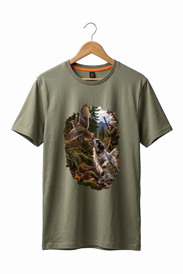 Unisex Outdoor Hunting Setter and Partridge Hunting Printed 100% Cotton Hunting Crew Neck Basic T-Shirt