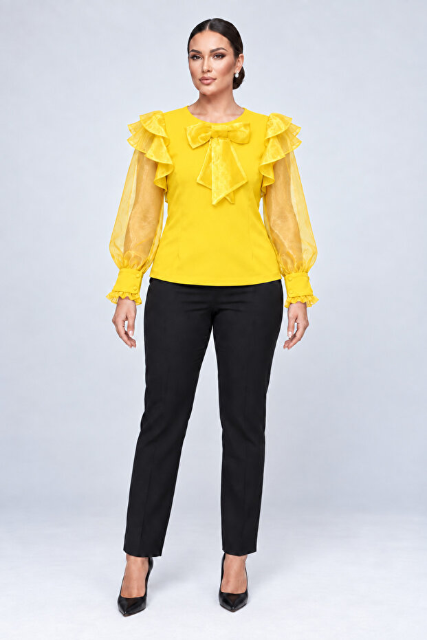 Plus Size Stylish Blouse with Detachable Bow Brooch Detail and Organza Flounce Sleeves.