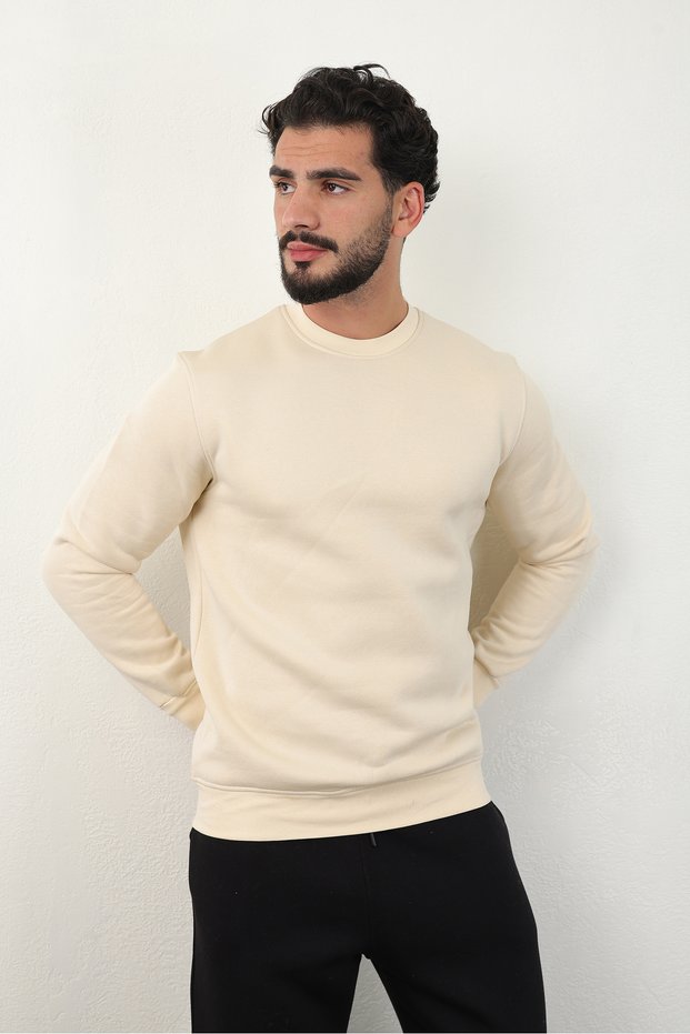 Men's 3 Thread Threaded Crew Neck Winter Sweatshirt with Fleece Inside