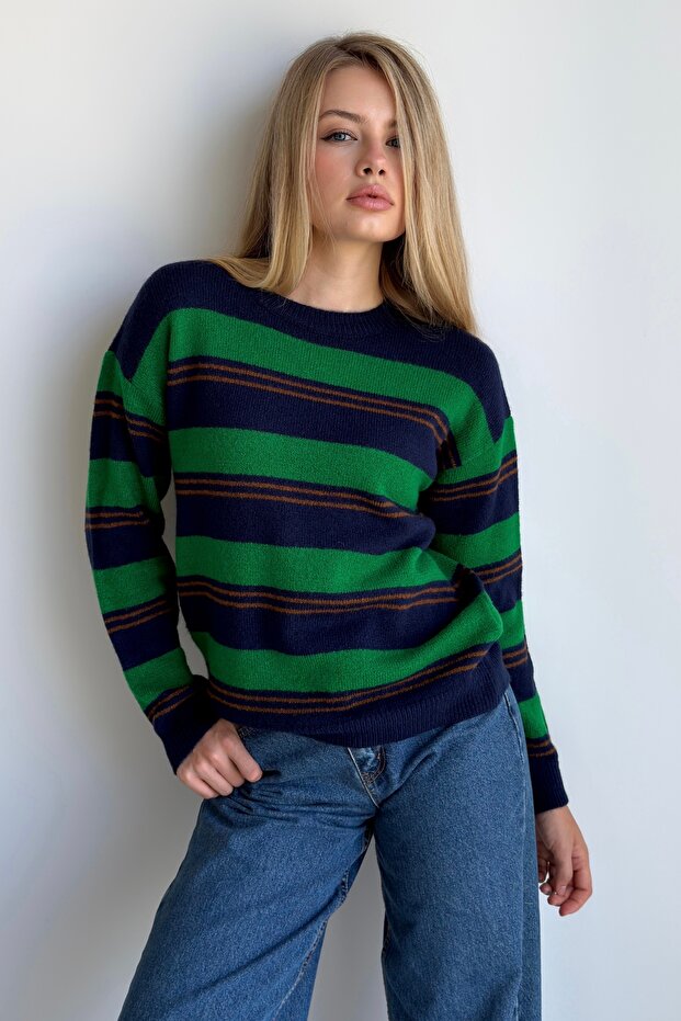 Striped Crew Neck Soft Textured Knit Sweater
