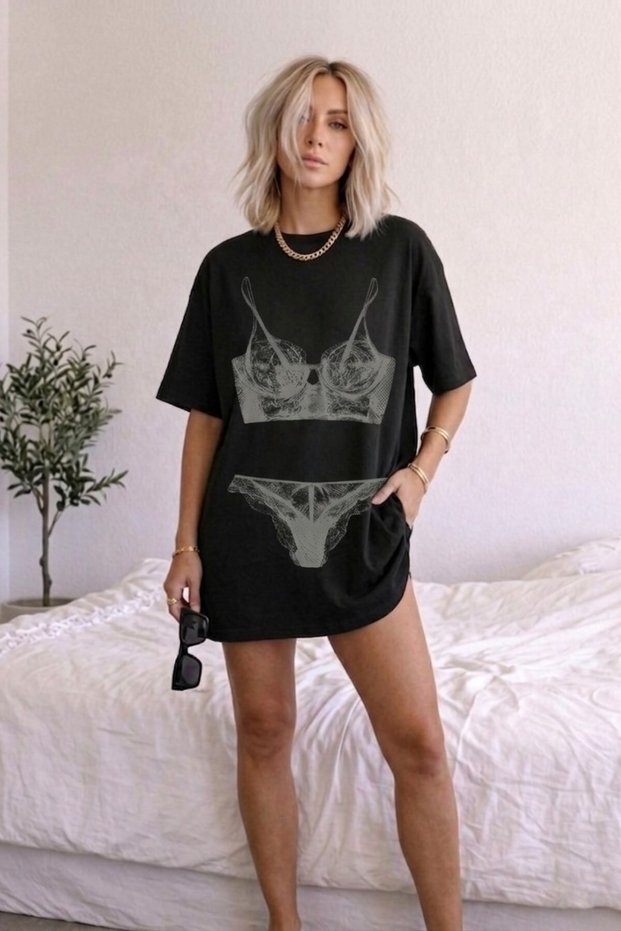 Women's Double Oversize Rouge Intimates Printed Black – Crew Neck, Comfortable Fit, 100% Cotton