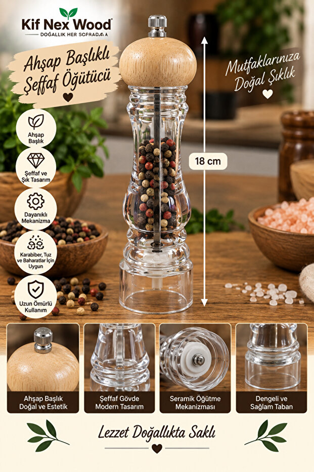 Transparent Spice Grinder with Wooden Head – 18 cm