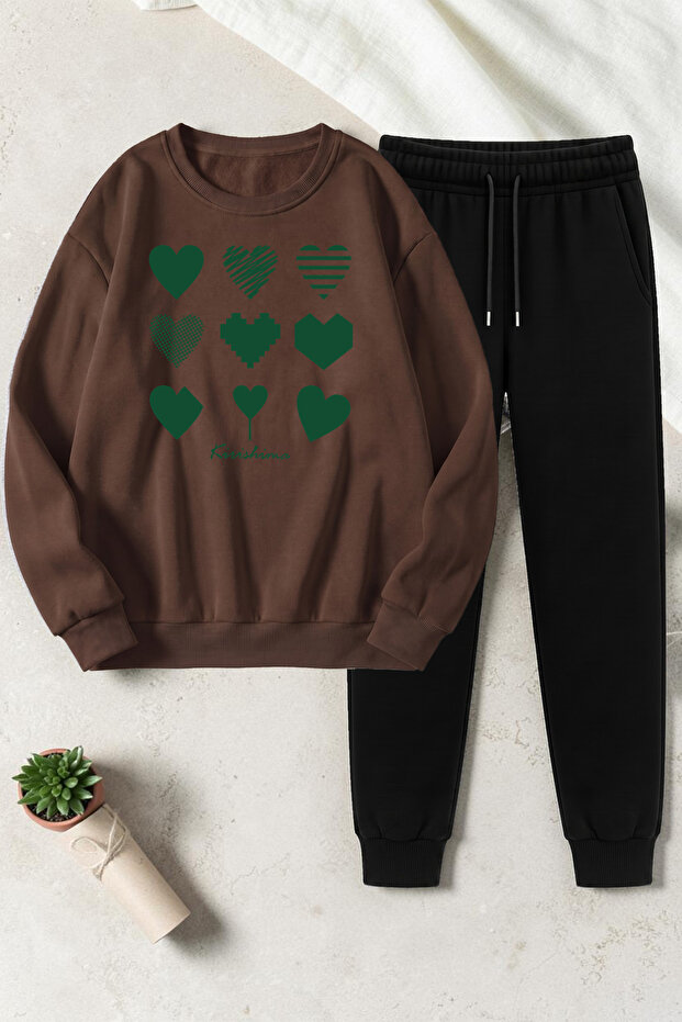 Unisex Ribbon Printed Crew Neck Sweatshirt - 2-Piece Tracksuit Set
