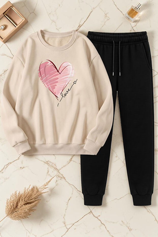 Unisex Kalp Printed Crew Neck Sweatshirt - 2-Piece Tracksuit Set