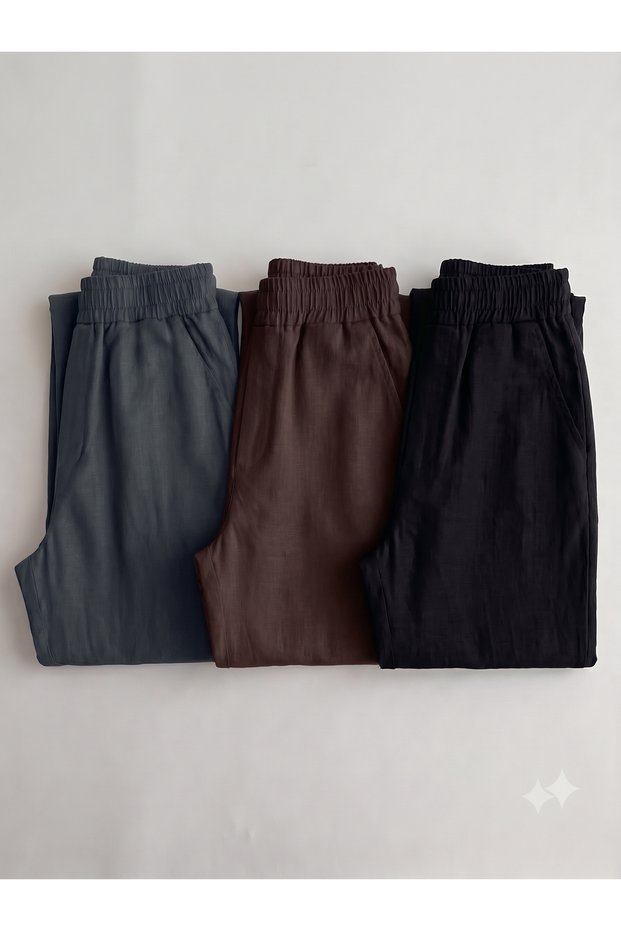 Men's 3-Piece Comfortable Fit Linen Trousers with Elastic Waist
