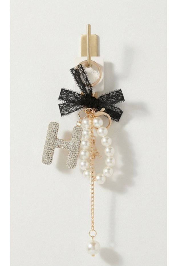 Zircon Stone, Pearl and Tulle Detailed Letter Keychain & Bag Accessory