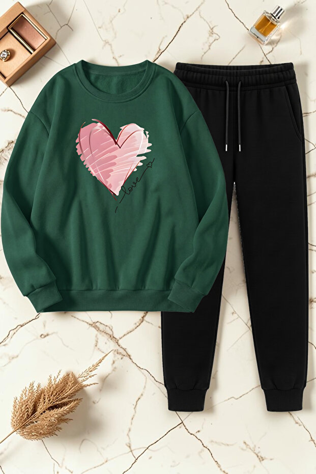 Unisex Kalp Printed Crew Neck Sweatshirt - 2-Piece Tracksuit Set