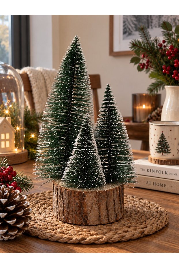 Set of 4 Decorative Christmas Pine Trees on Log Base, 4-Piece Mini Pine Forest with Snow Effect on Log Base
