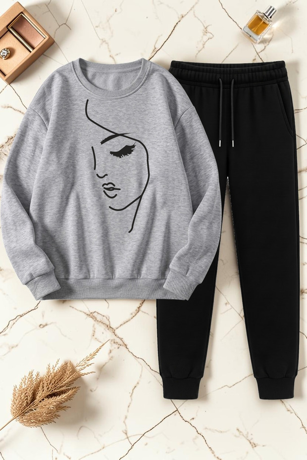 Unisex Silhouette Printed Crew Neck Sweatshirt - 2-Piece Tracksuit Set