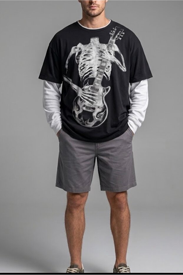 Black Skeleton Guitarist Sweatshirt with White Sleeves