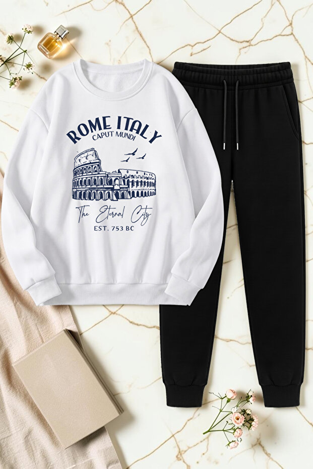 Unisex Rome Italy Printed Crew Neck Sweatshirt - 2-Piece Tracksuit Set