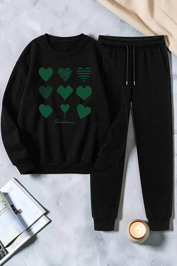 Unisex Ribbon Printed Crew Neck Sweatshirt - 2-Piece Tracksuit Set